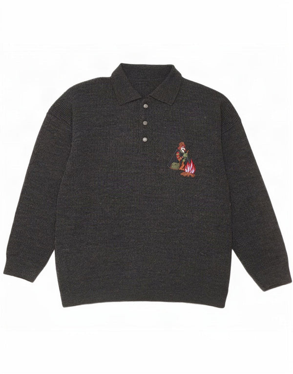 Vintage Mens Graphic Polo Neck Jumper Sweater Large Grey