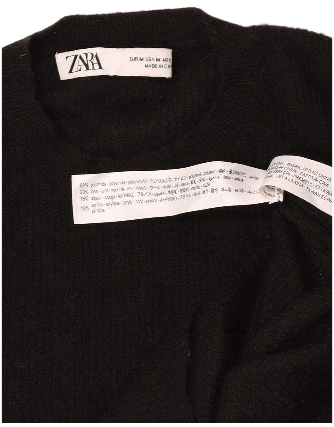 Zara Suéter feminino com gola redonda e gola redonda UK 12 médio preto poliamida