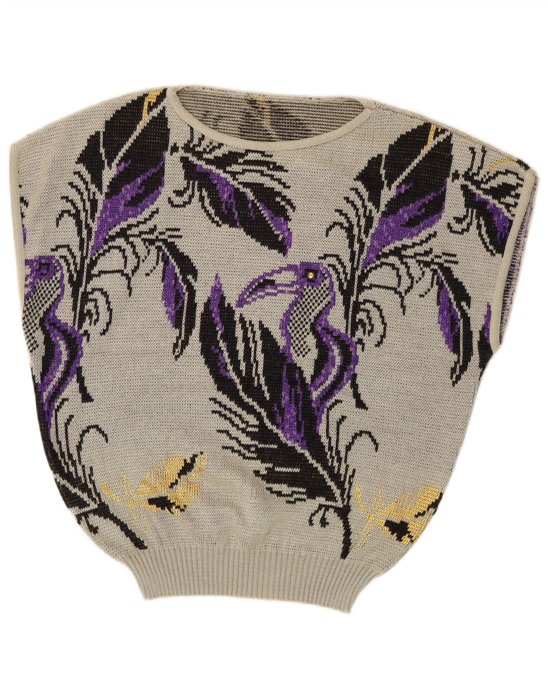 Suéter feminino VINTAGE sem mangas com gola canoa Reino Unido 14 grande cinza floral