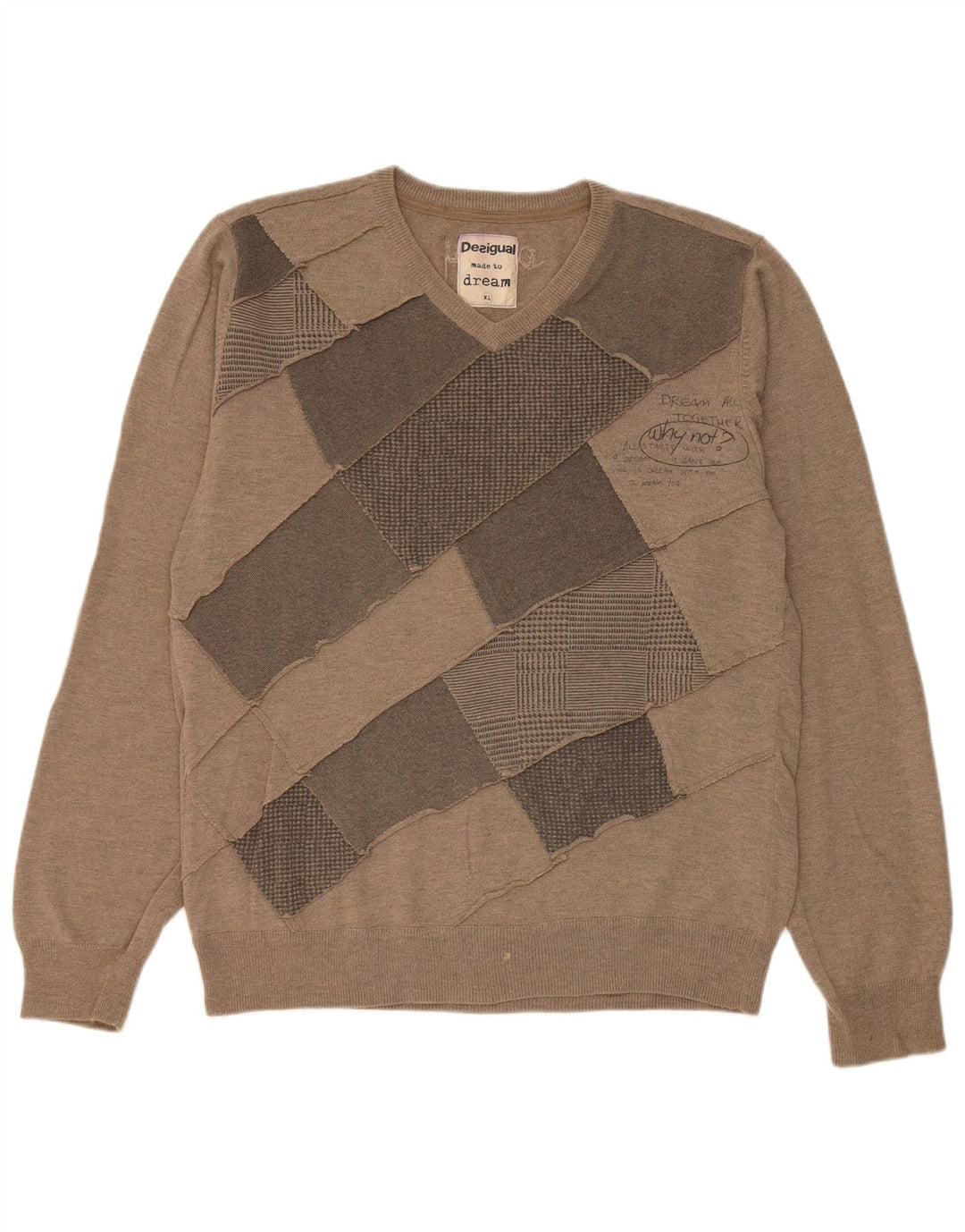 Suéter masculino Desigual com decote em V XL marrom patchwork lã moderno