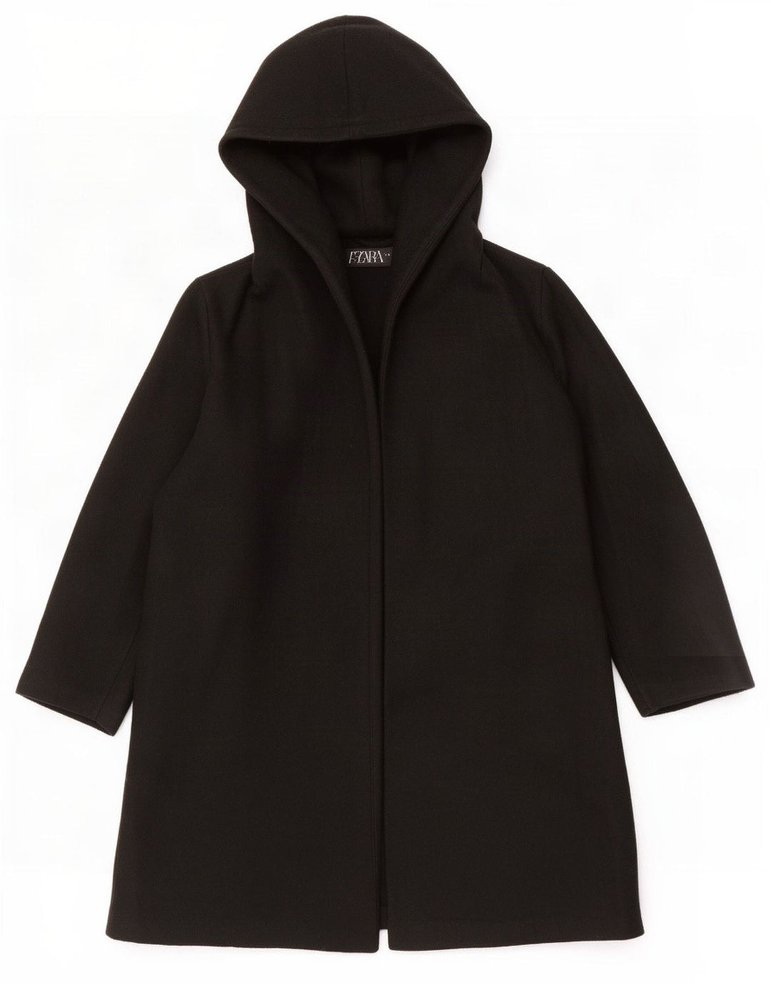 Sobretudo aberto com capuz feminino Zara UK 14 poliéster preto médio
