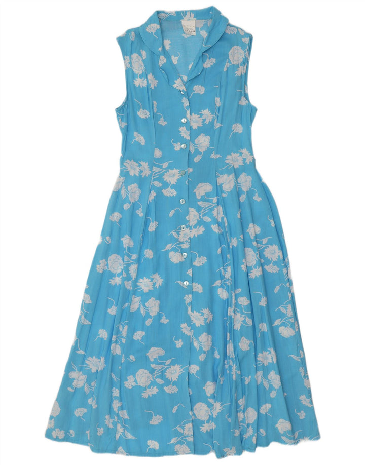 Vestido maxi feminino sem mangas VINTAGE Reino Unido 14 grande viscose floral azul