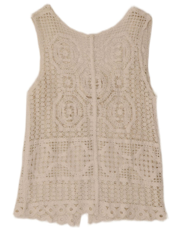 Cardigan de crochê feminino vintage sem mangas UK 14 médio branco