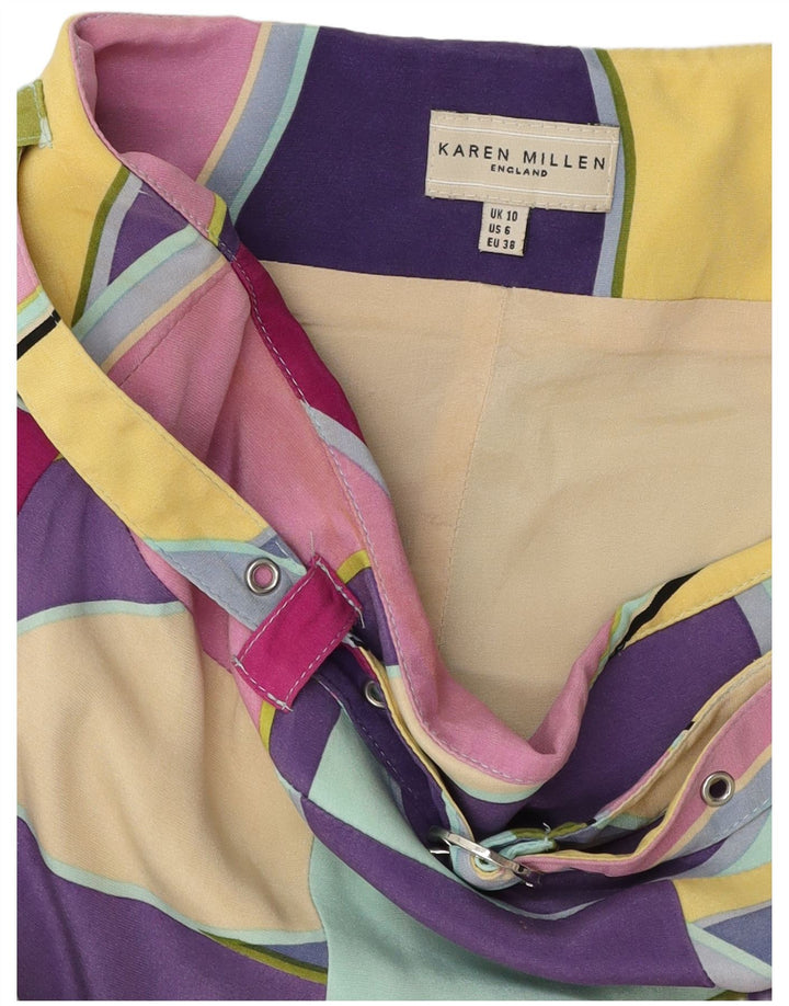 Saia evasê feminina KAREN MILLEN Reino Unido 10 pequena W30 multicolorida geométrica