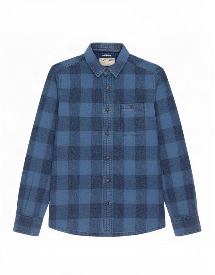Camisa masculina de flanela Fat Face pequena de algodão xadrez azul