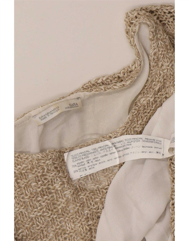 Blusa feminina de crochê grande Zara Top Reino Unido 14 bloco colorido bege médio
