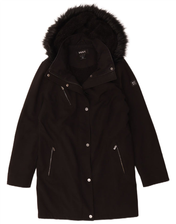 Sobretudo feminino Sherpa com capuz Dkny UK 16 grande poliéster preto