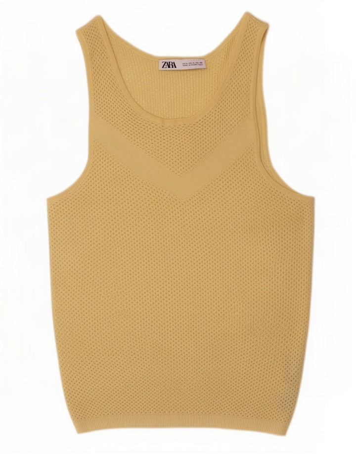 Zara Top feminino transparente com colete UK 14 grande viscose amarela