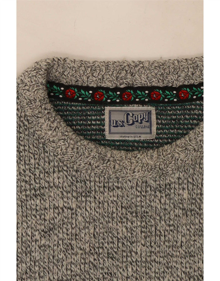 Suéter vintage masculino com gola redonda, grande lã Fair Isle cinza