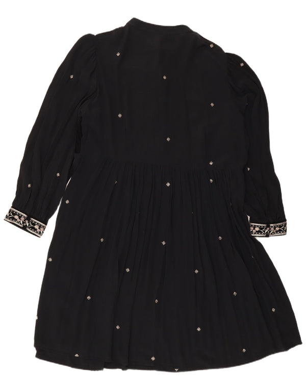 Vestido feminino Monsoon manga comprida evasê UK 18 XL preto floral poliéster