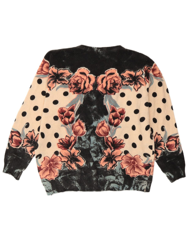 Suéter feminino vintage com gola redonda IT 46 grande lã floral bege