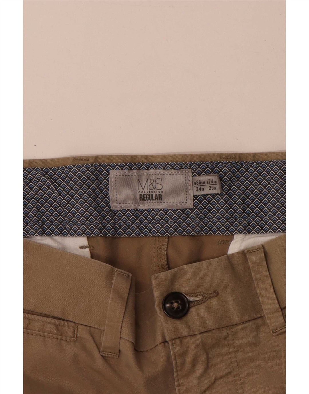 Calça chino masculina Marks & Spencer regular W34 L29 algodão bege