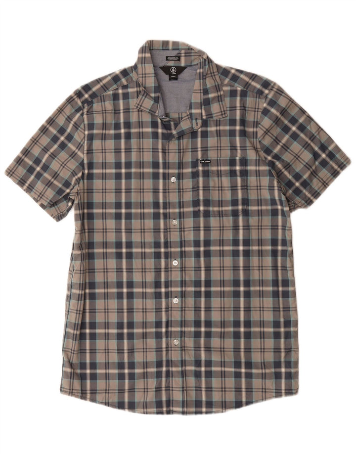 Camisa masculina Volcom manga curta moderna ajuste grande algodão xadrez cinza