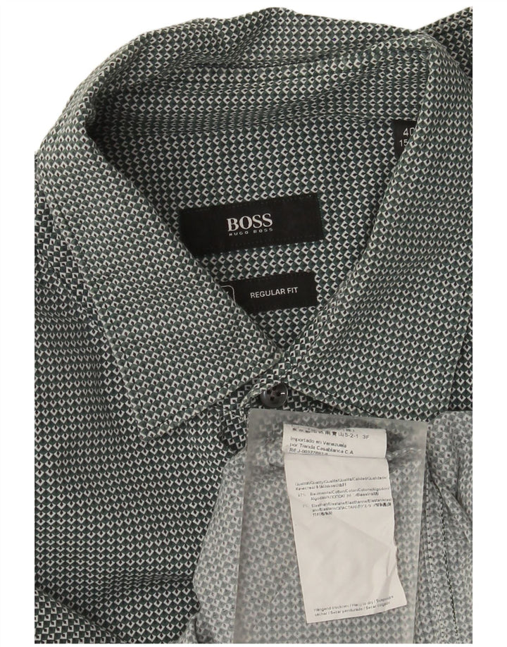 Camisa masculina Hugo Boss Regular Fit tamanho 40 15 3/4 verde médio geométrico