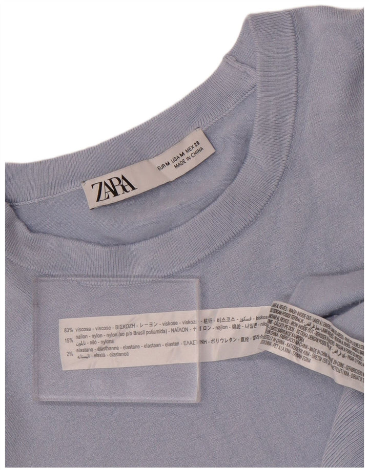 Suéter feminino Zara com gola canoa UK 12 viscose azul médio
