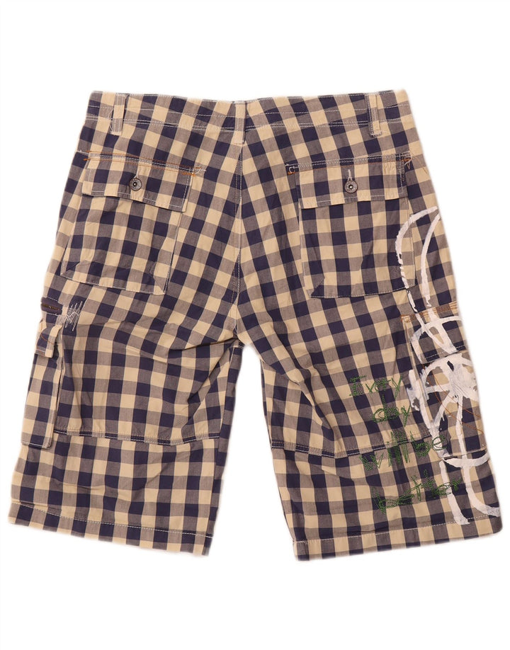 Desigual Shorts Cargo Feminino Gráfico EU 42 Grande W34 Azul Marinho Gingham