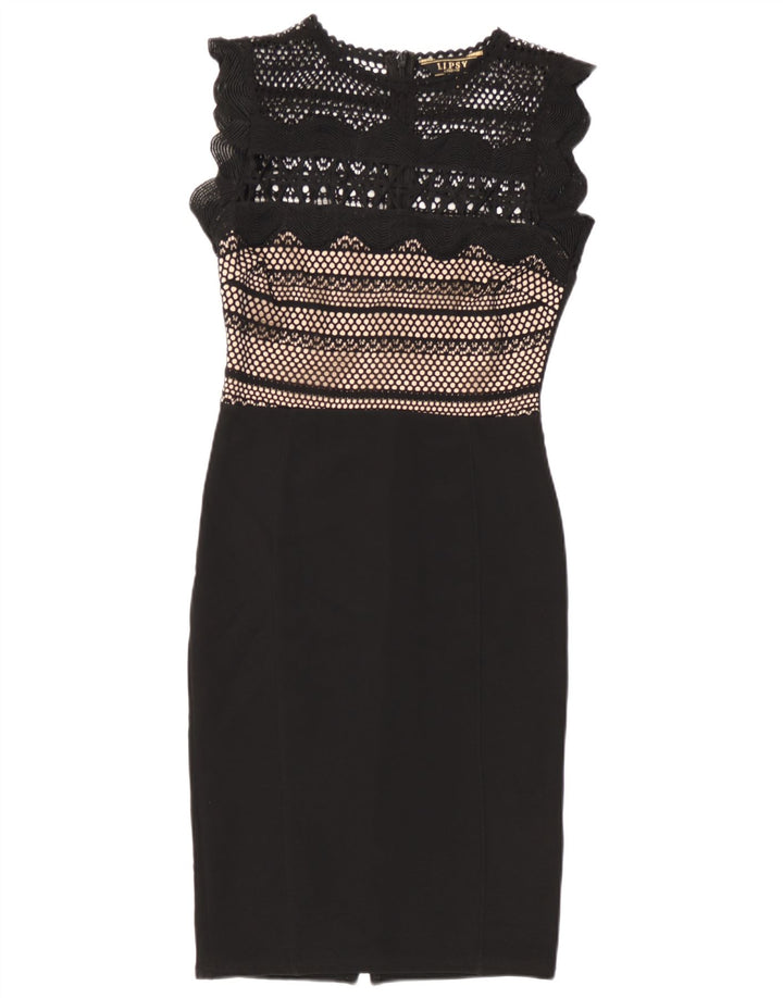 Lipsy Vestido feminino sem mangas com bainha UK 8 pequeno poliéster preto