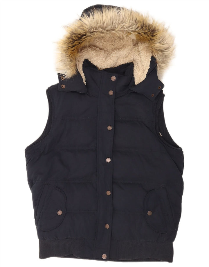Gilet acolchoado com capuz feminino Fat Face UK 14 grande poliéster azul marinho