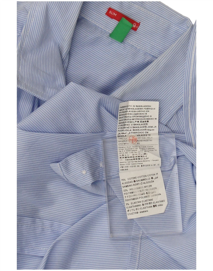 Camisa masculina Slim Benetton pequena listrada azul de algodão