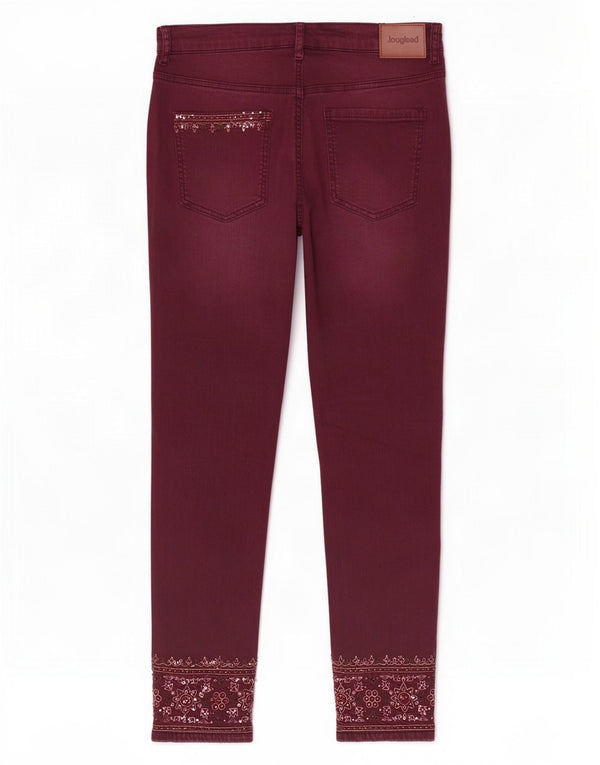 Desigual Jeans Skinny Feminino EU 42 Grande W32 L27 Borgonha Floral Algodão