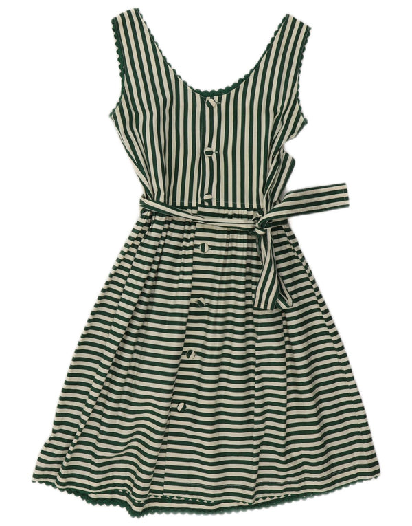 Vestido feminino vintage sem mangas evasê UK 10 pequeno algodão listrado verde