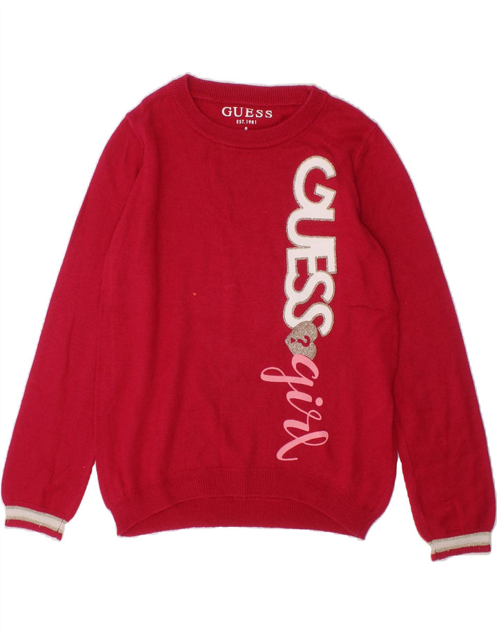 GUESS Girls Graphic Boat Neck Jumper Sweater 5-6 Years Red Cotton Vintage Guess and Second-Hand Guess from Messina Hembry 