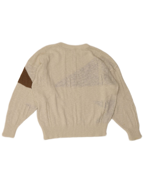 Suéter vintage feminino com gola redonda, 13-14 anos, algodão geométrico branco