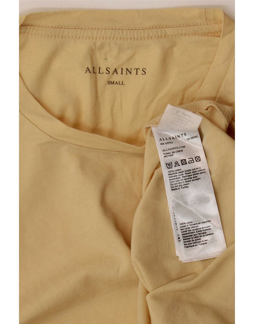 Camiseta masculina All Saints Top pequeno algodão amarelo