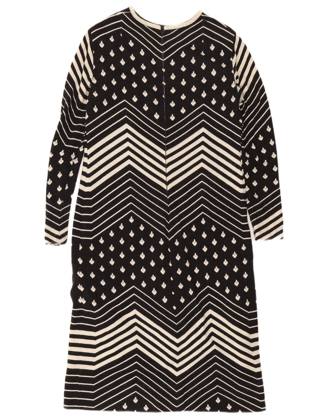 Vestido feminino vintage de manga comprida UK 12 médio preto geométrico