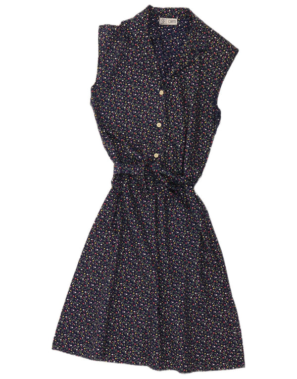 Vestido feminino vintage sem mangas evasê UK 12 médio azul marinho floral