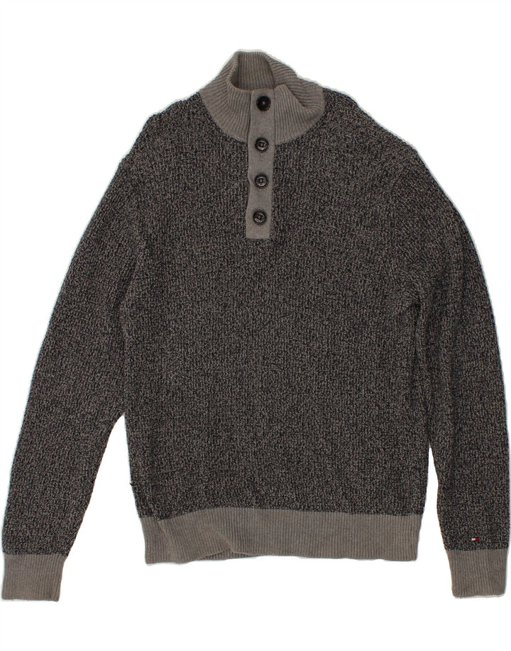 TOMMY HILFIGER Mens Button Neck Jumper Sweater Medium Grey Flecked Cotton Vintage Tommy Hilfiger and Second-Hand Tommy Hilfiger from Messina Hembry 