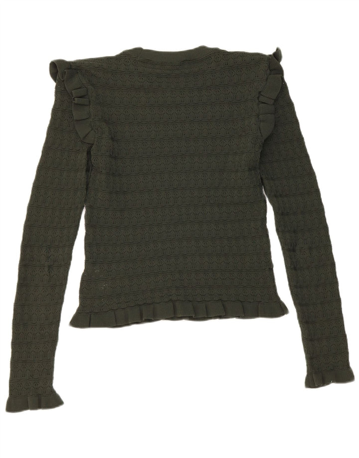 Zara Womens Crop Ruffle Front Top Manga Longa Reino Unido 8 Pequeno Poliéster Cáqui