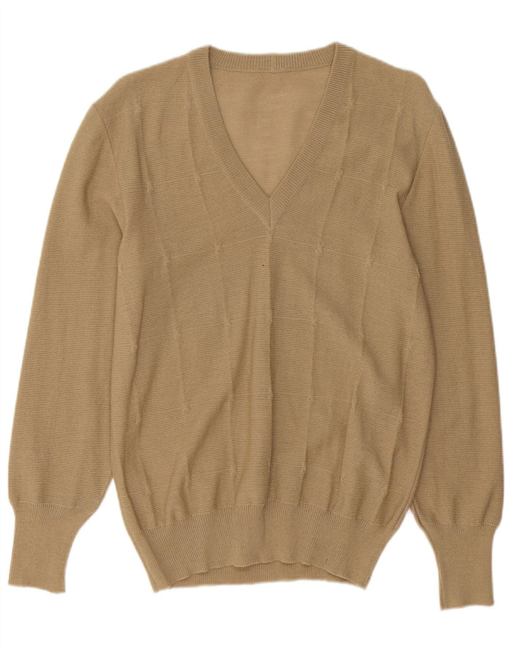 Suéter feminino VINTAGE com decote em V Reino Unido 12 médio bege