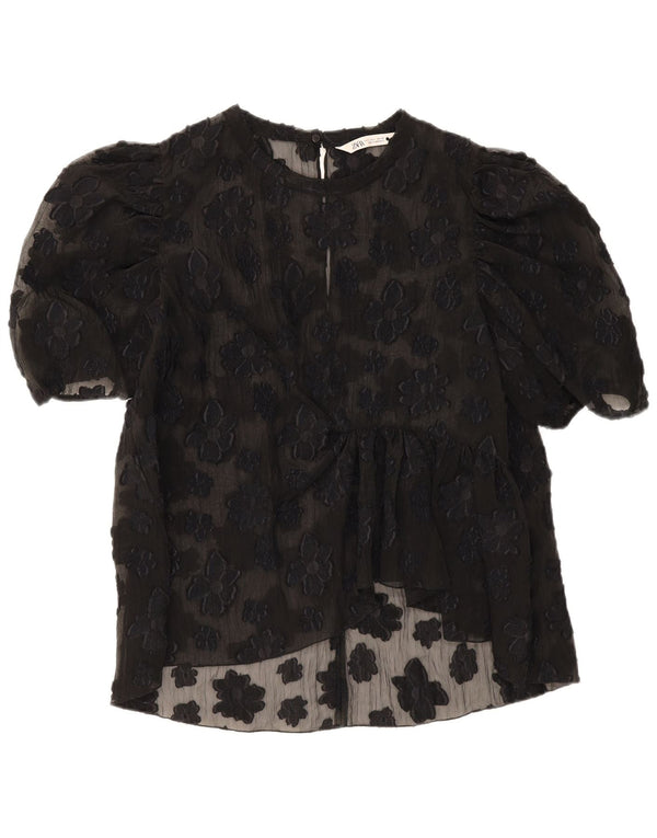 Zara Womens See Through Top UK 16 Large Black Floral