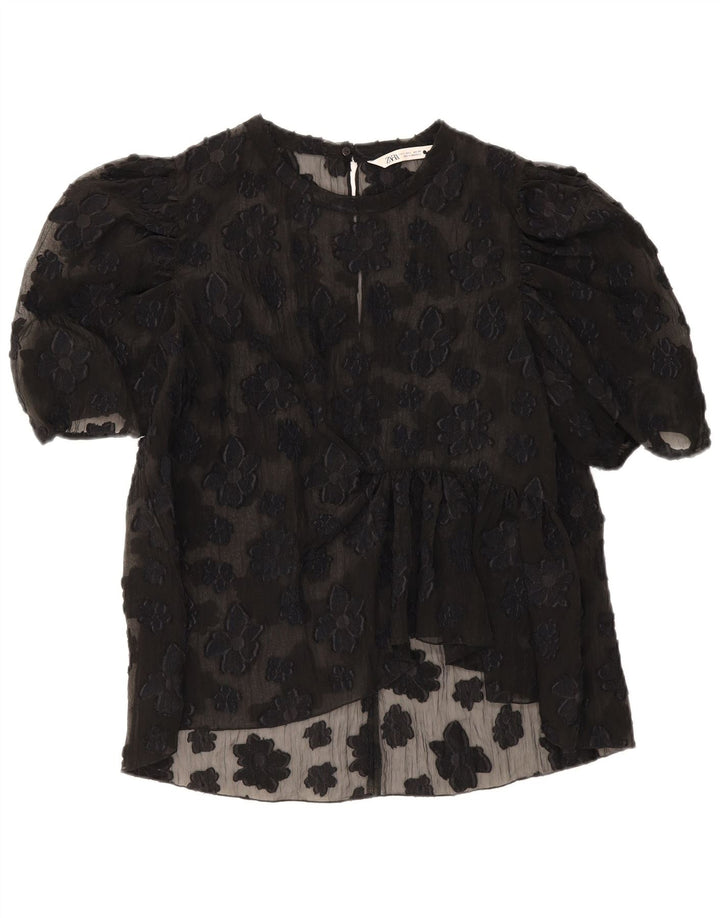 Zara Top feminino transparente Reino Unido 16 grande preto floral