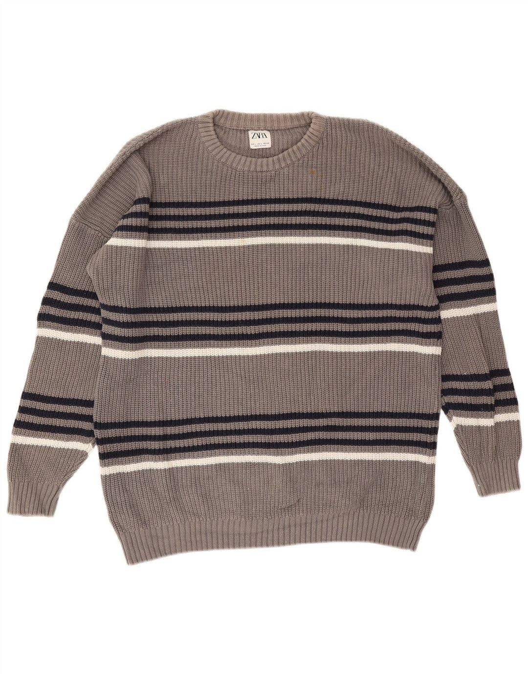 Zara Suéter masculino com gola redonda grande listrado cinza