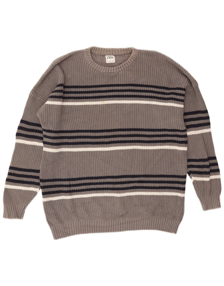 Zara Suéter masculino com gola redonda grande listrado cinza