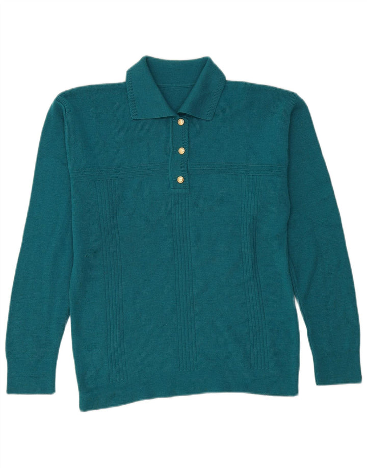 Suéter feminino vintage com gola polo, Reino Unido 14, azul médio