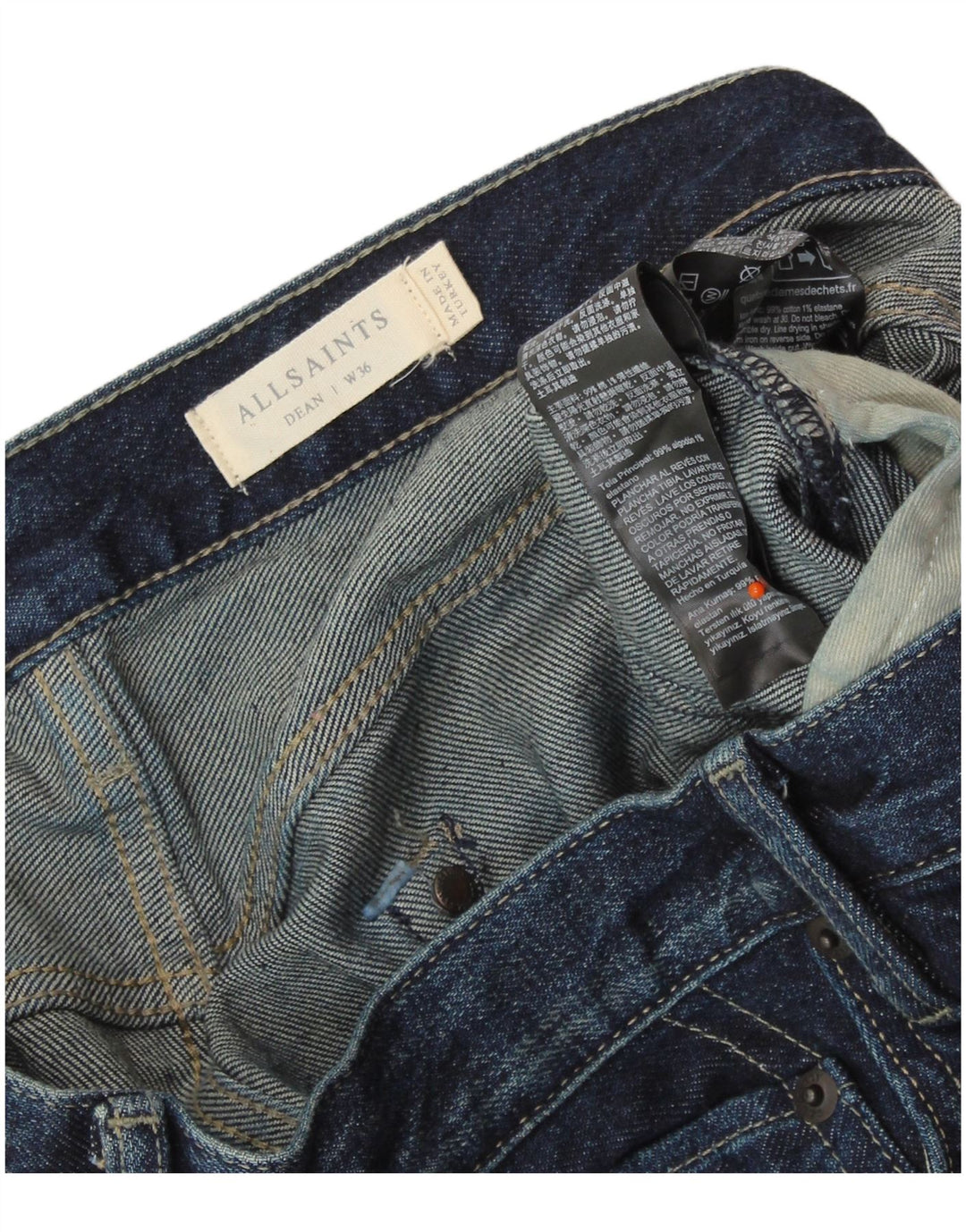 ALL SAINTS Masculino Dean Slim Jeans W36 L28 Azul Marinho Algodão