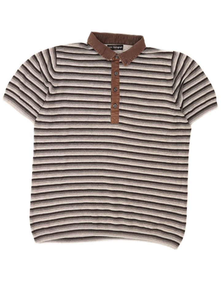 Camisa polo masculina Autograph da Marks & Spencer poliéster listrado cinza médio
