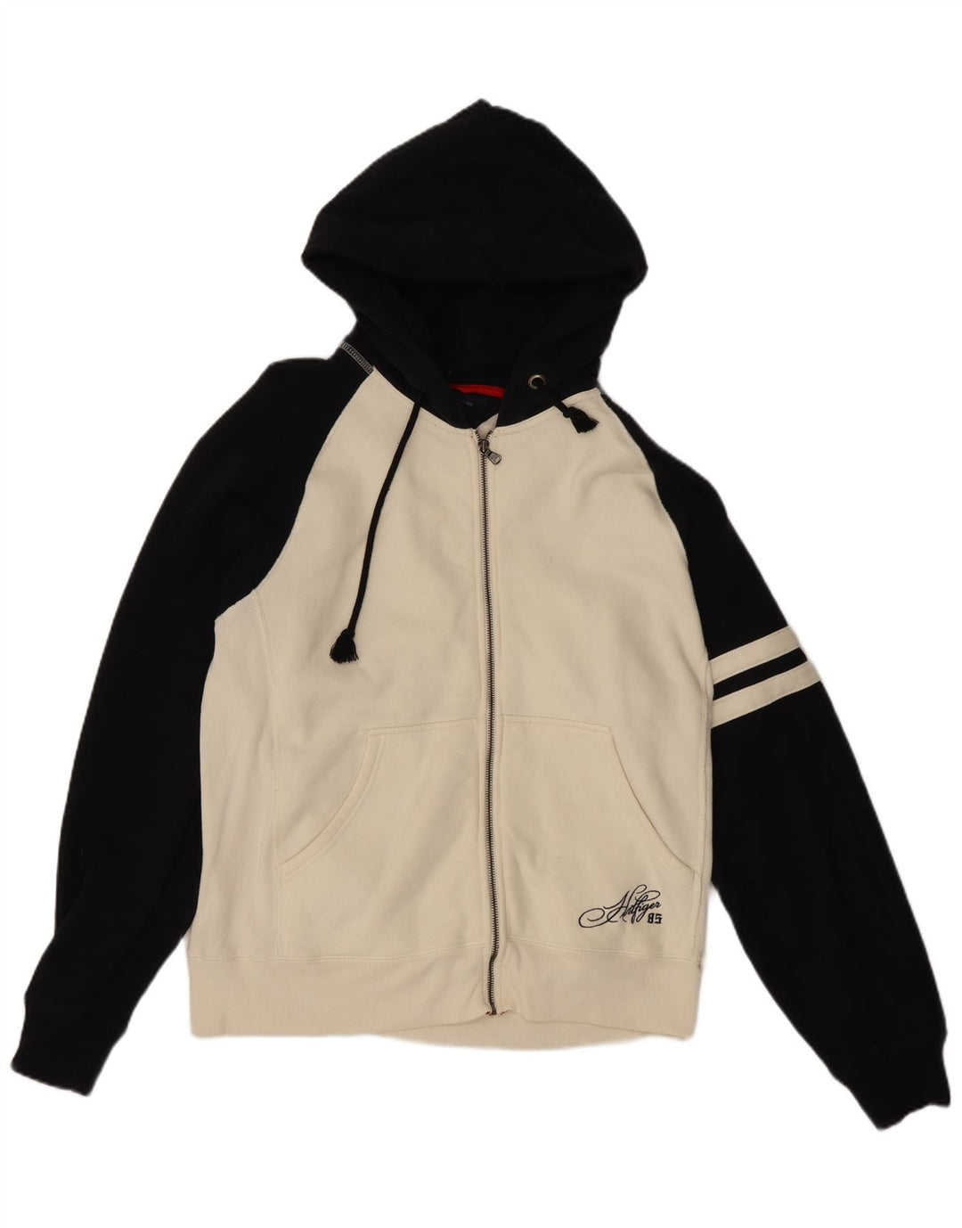 Tommy Hilfiger Suéter masculino com capuz e zíper médio off white colorblock