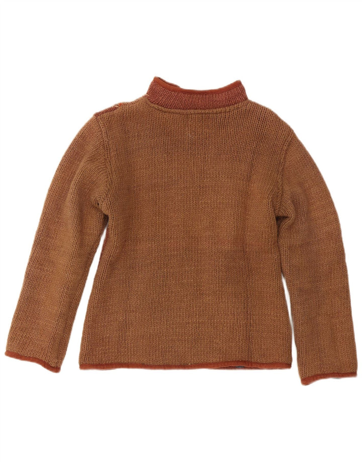 Suéter cardigã feminino vintage Reino Unido 12 bloco colorido marrom médio