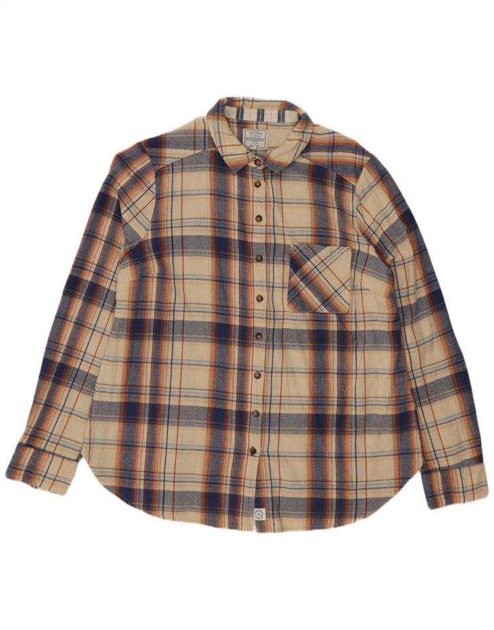 Camisa feminina de flanela Fat Face Reino Unido 14 grande algodão xadrez bege