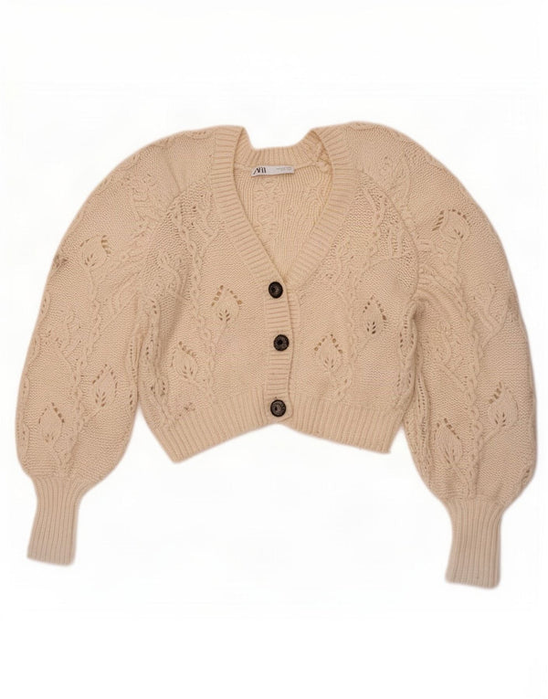 Suéter feminino Zara Crop Cardigan UK 10 pequeno poliéster branco