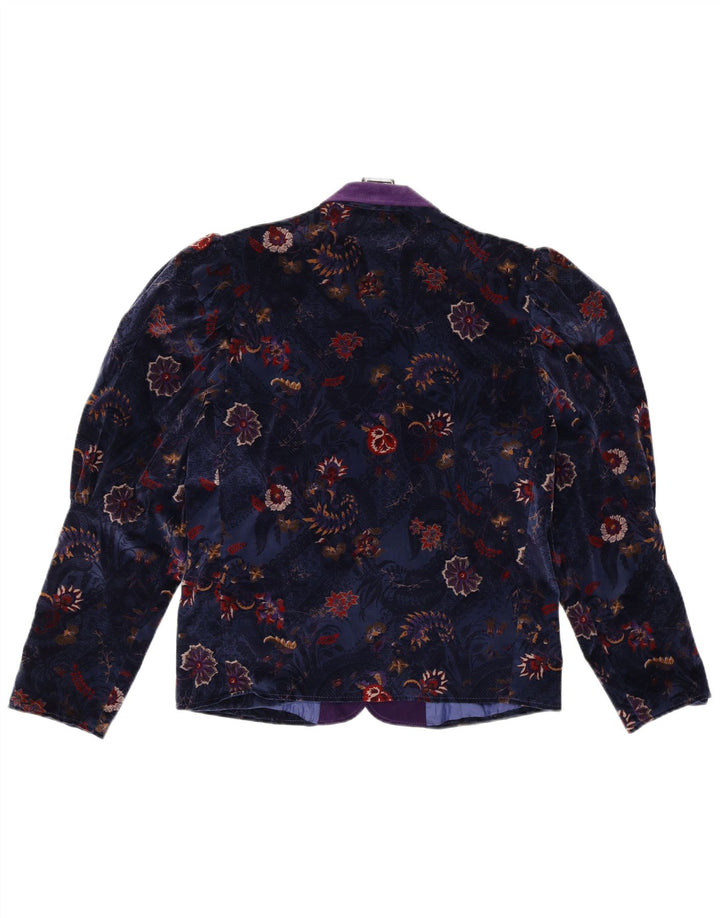 Jaqueta blazer feminina vintage de veludo com 1 botão UE 38 médio azul marinho floral