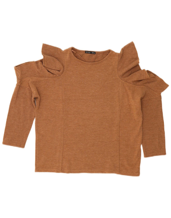 Blusa feminina Zara com ombros de fora, Reino Unido 14, bege médio manchado