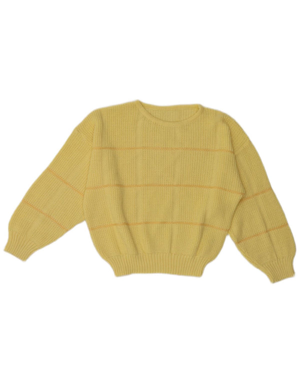 Suéter feminino vintage com gola redonda Reino Unido 12 acrílico listrado amarelo médio
