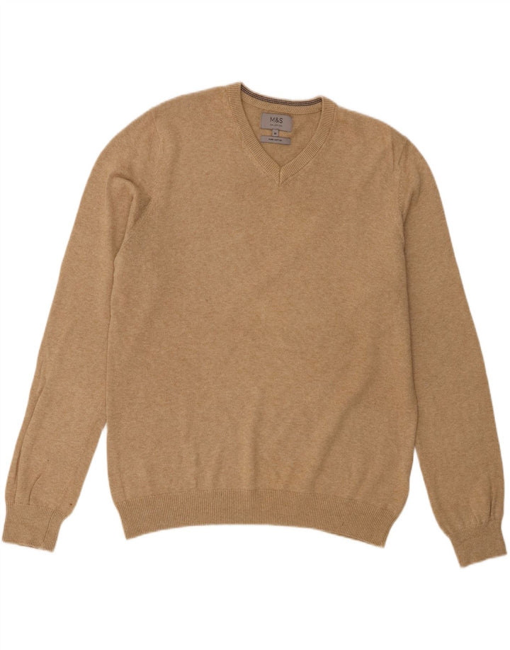 Suéter masculino Marks & Spencer com decote em V, algodão manchado bege médio