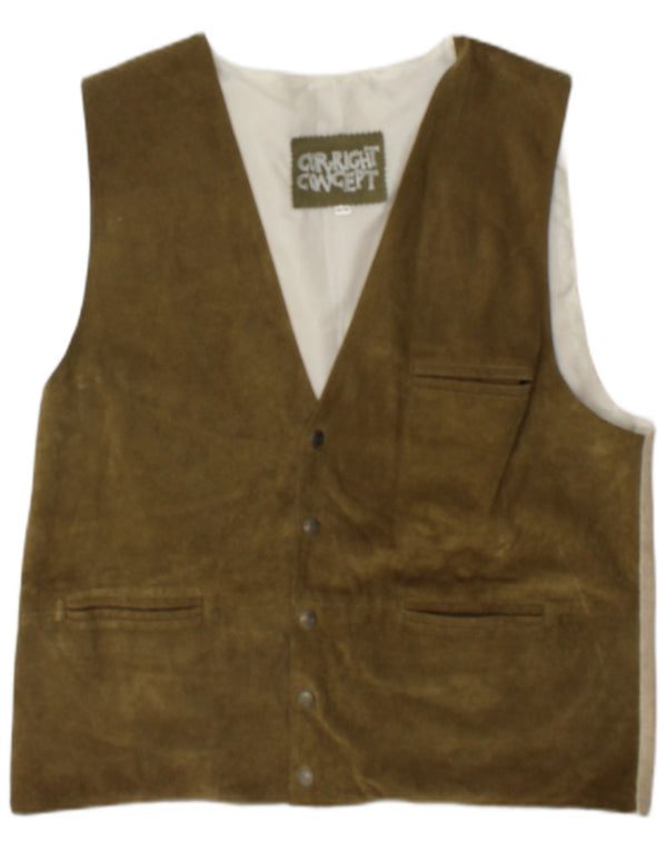 Colete de camurça masculino vintage UE 48/50 médio cáqui couro colorblock