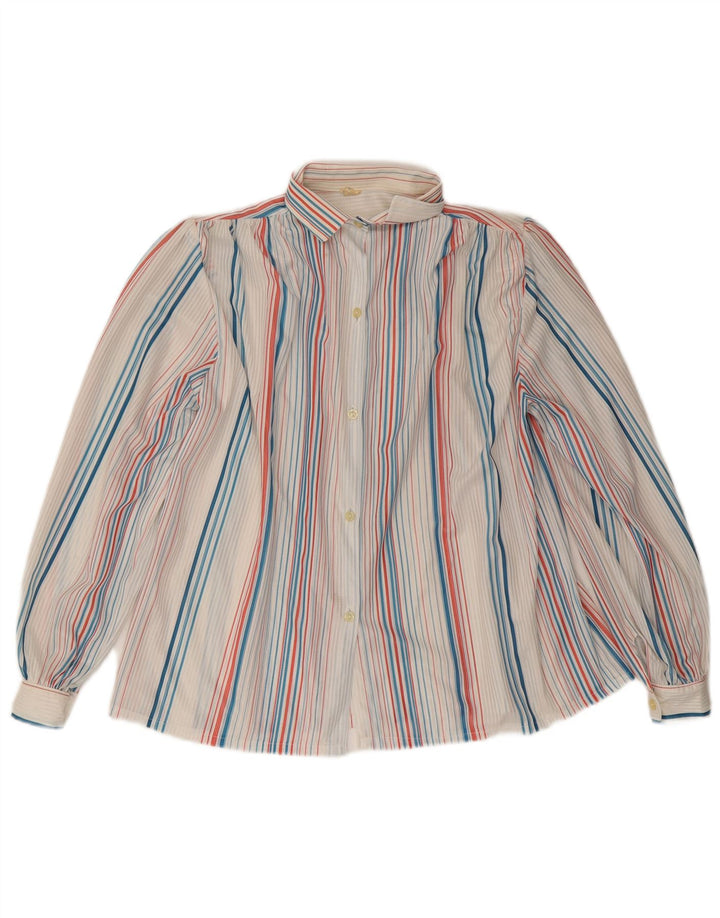 Blusa feminina vintage UK 16 grande poliéster listrado multicolorido